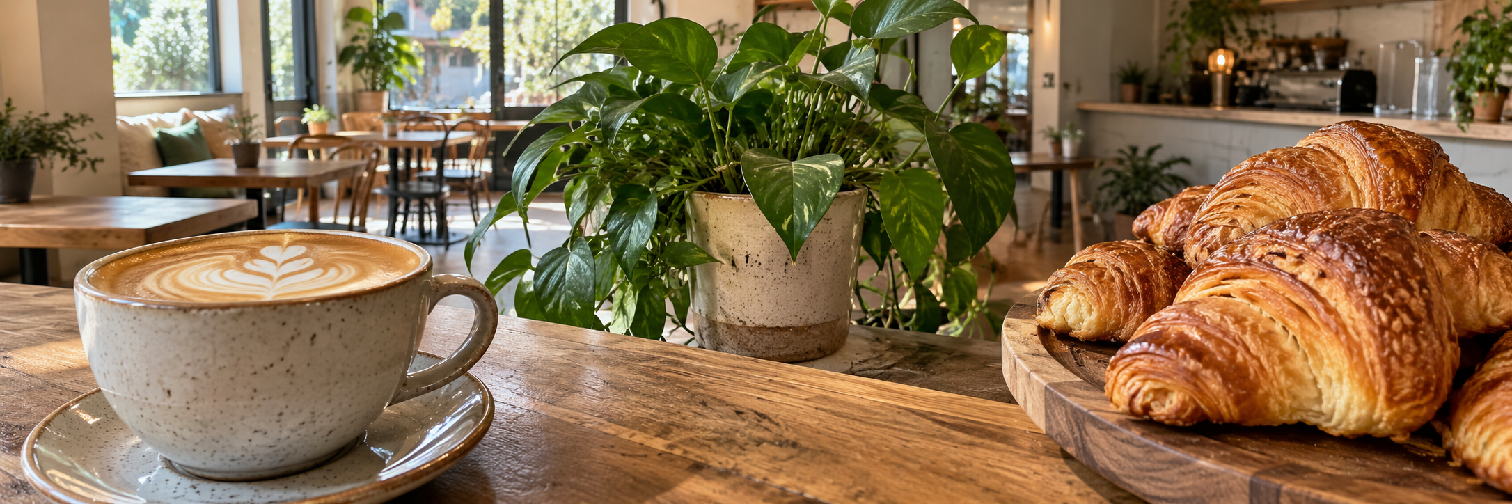 Imagen generada de café, plantas y croissants en una cafetería